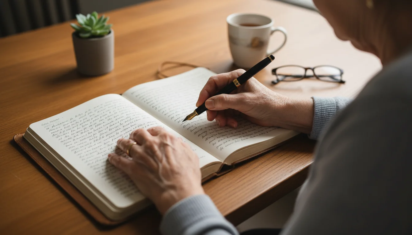 Senior woman's hands gently writing in an open journal with a pen on a wooden table, illuminated by soft natural light.