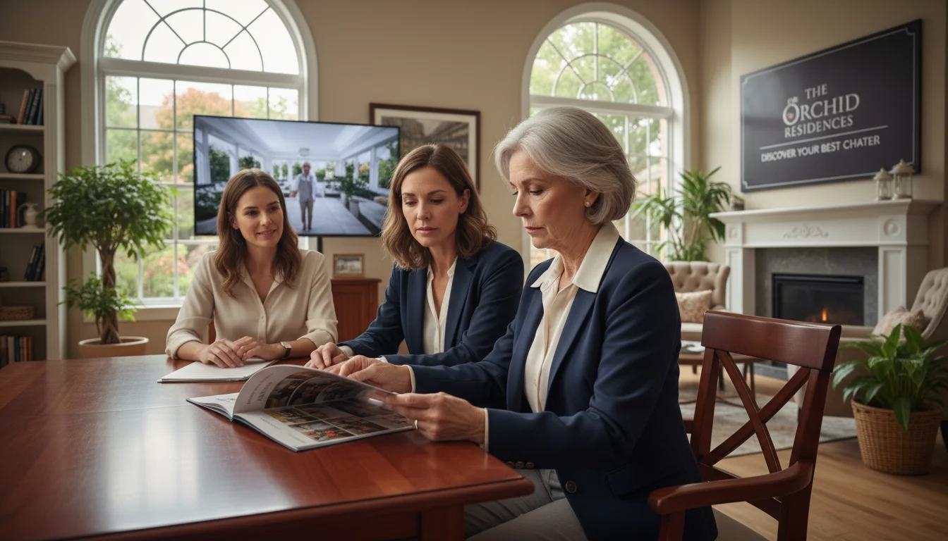 A senior woman and her adult daughter calmly review documents in a sales office while a representative's hand subtly points to an offer.