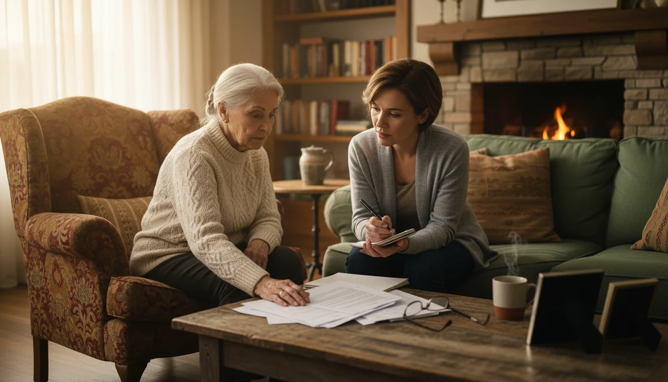 A senior woman and her adult daughter review official documents together on a coffee table in a warm living room, discussing important plans.