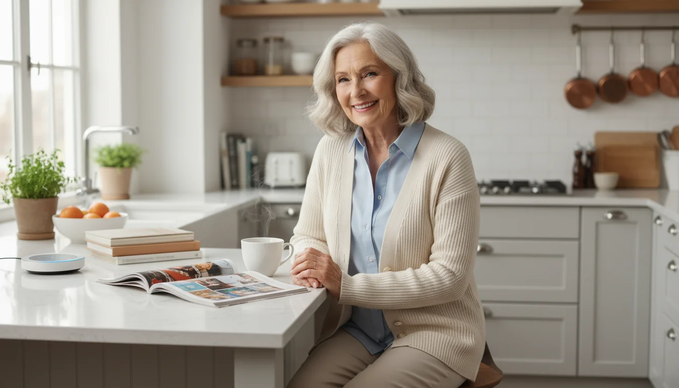 A senior woman in her bright kitchen looks toward a small smart speaker on a shelf, her hands resting easily on the counter.