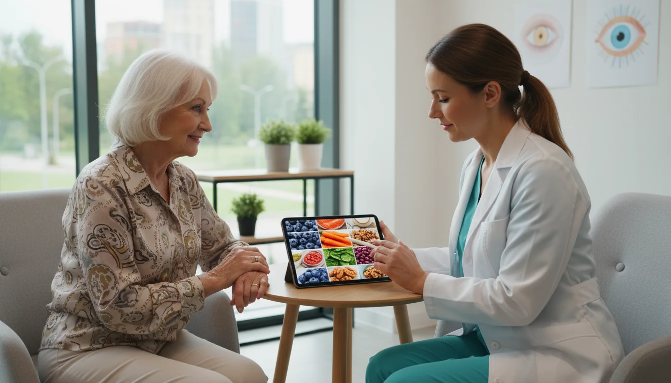 Senior woman and her eye doctor review eye-healthy food options on a tablet during a consultation.