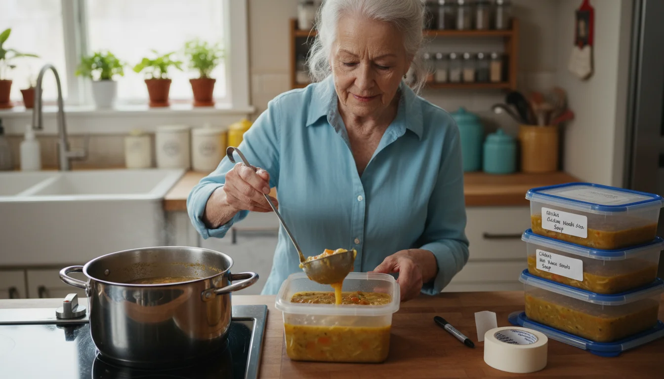 A senior woman in her kitchen spoons homemade soup from a pot into a clear freezer container, with labeling supplies nearby.