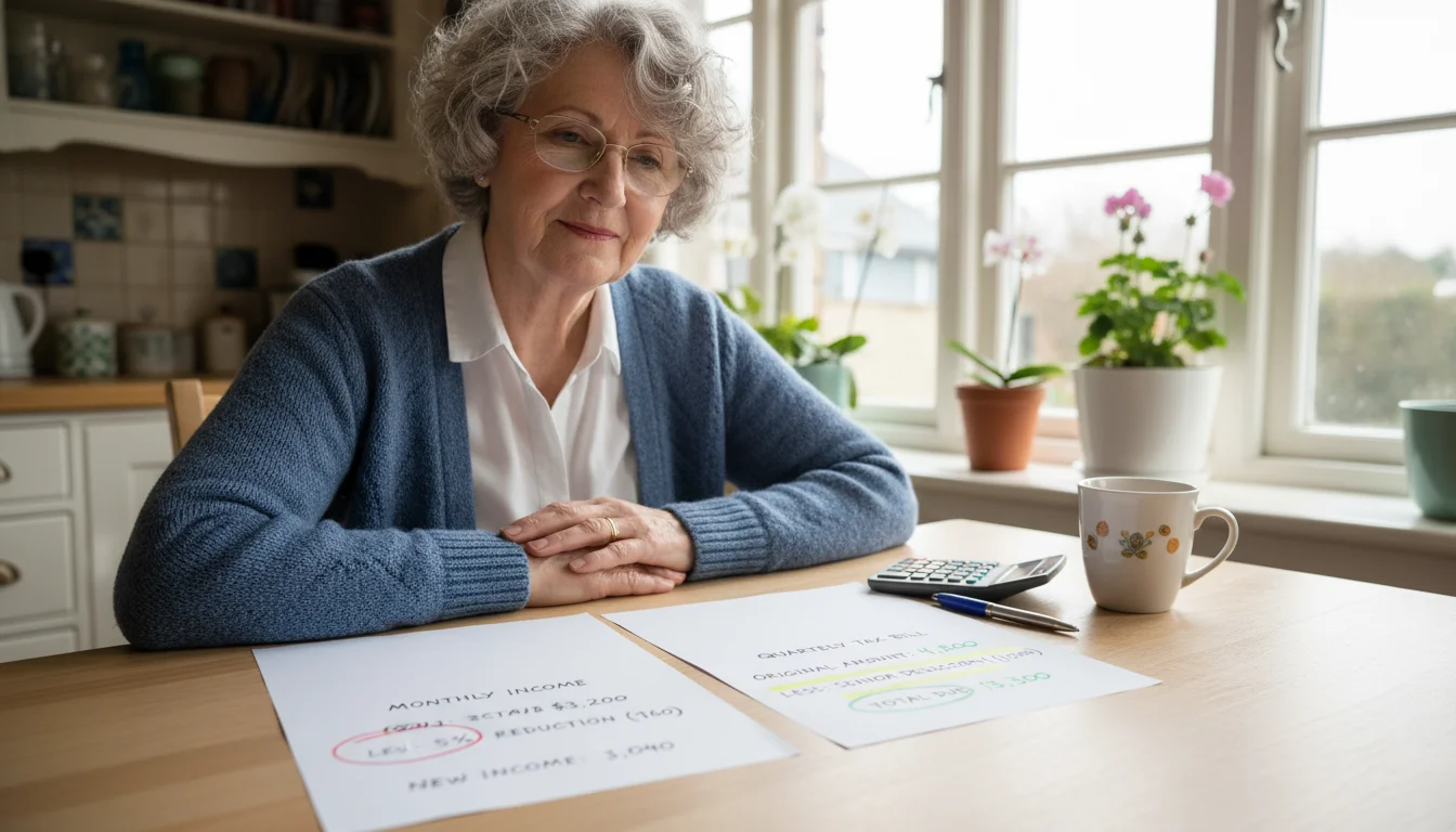 A senior woman at her kitchen table compares two financial documents, each showing a different amount of tax savings, with a clear expression.