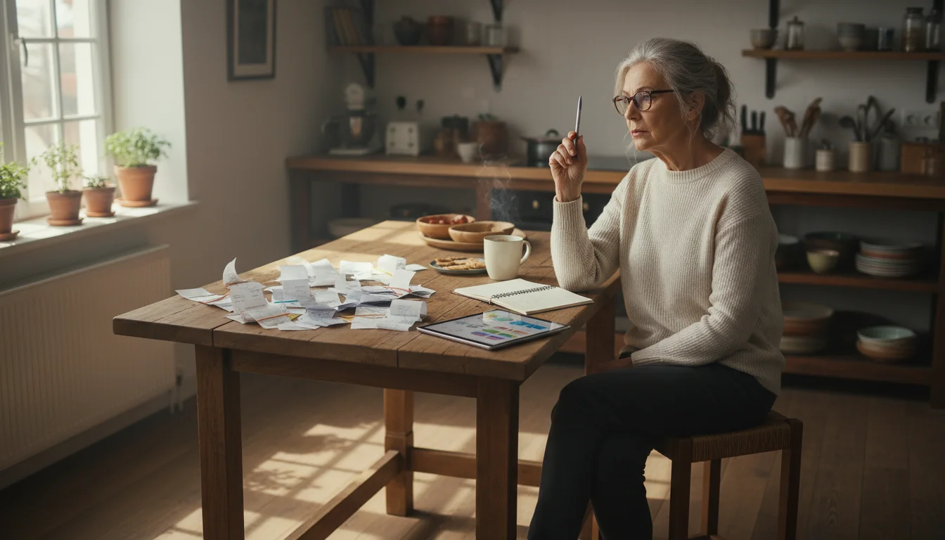 A senior woman in her kitchen, wearing glasses, sorts receipts and reviews a budgeting app on a tablet at her kitchen island.