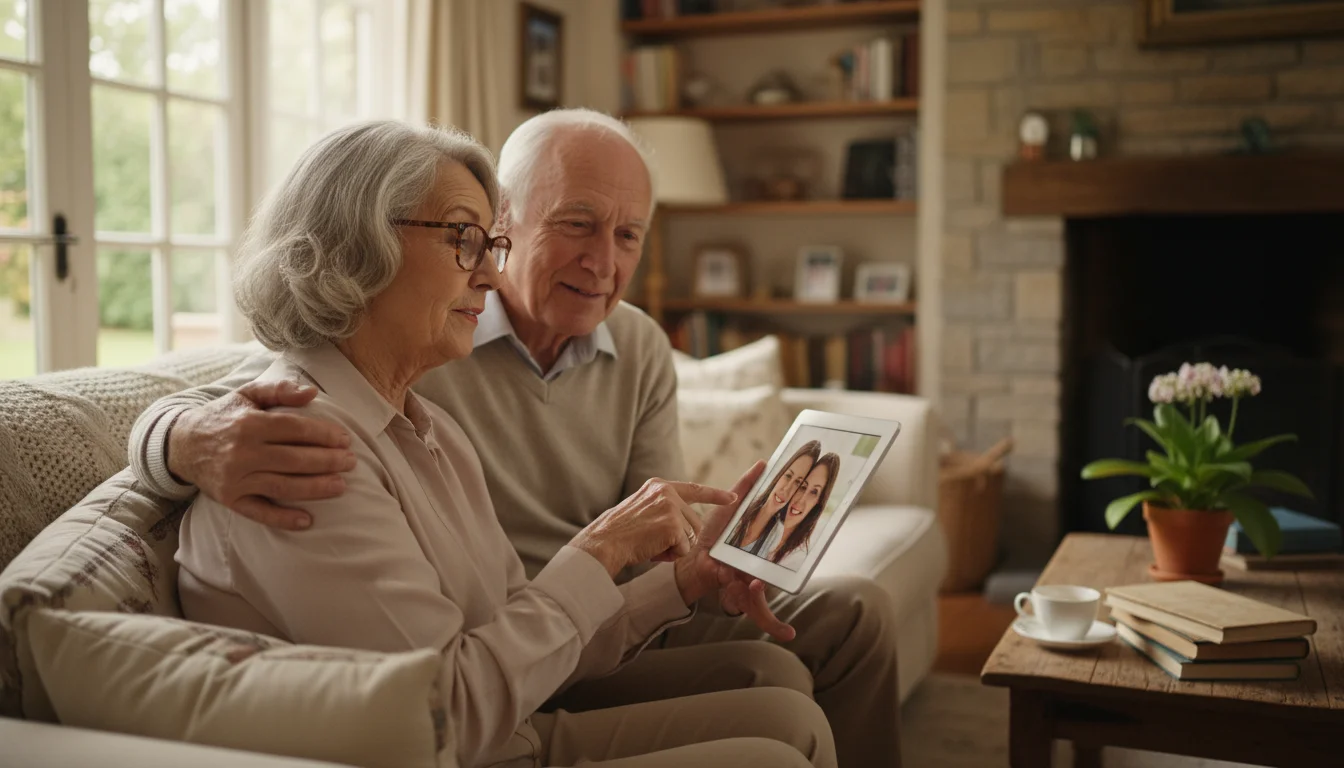 A senior woman in her late 70s holds a tablet, pointing at the screen, as her husband leans over her shoulder, both looking thoughtful and calm in the