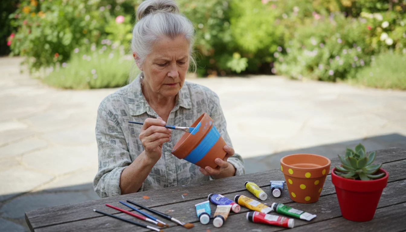 Senior woman in her 70s painting a blue stripe on a terra cotta pot on a patio table, surrounded by paints, brushes, and planted succulents.