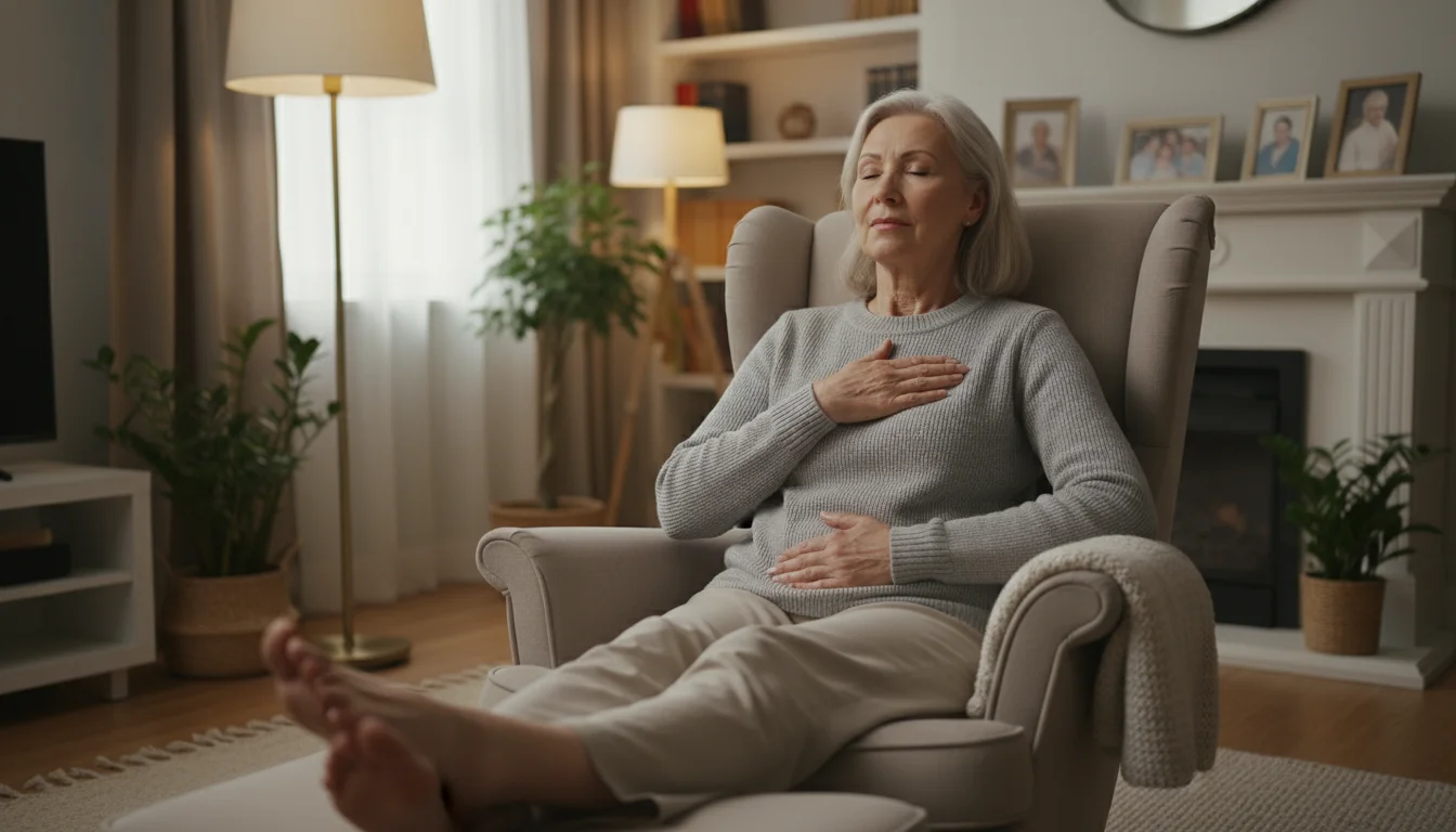 A senior woman in her 70s sits in an armchair, one hand on her chest and one on her belly, eyes closed, practicing calm breathing.