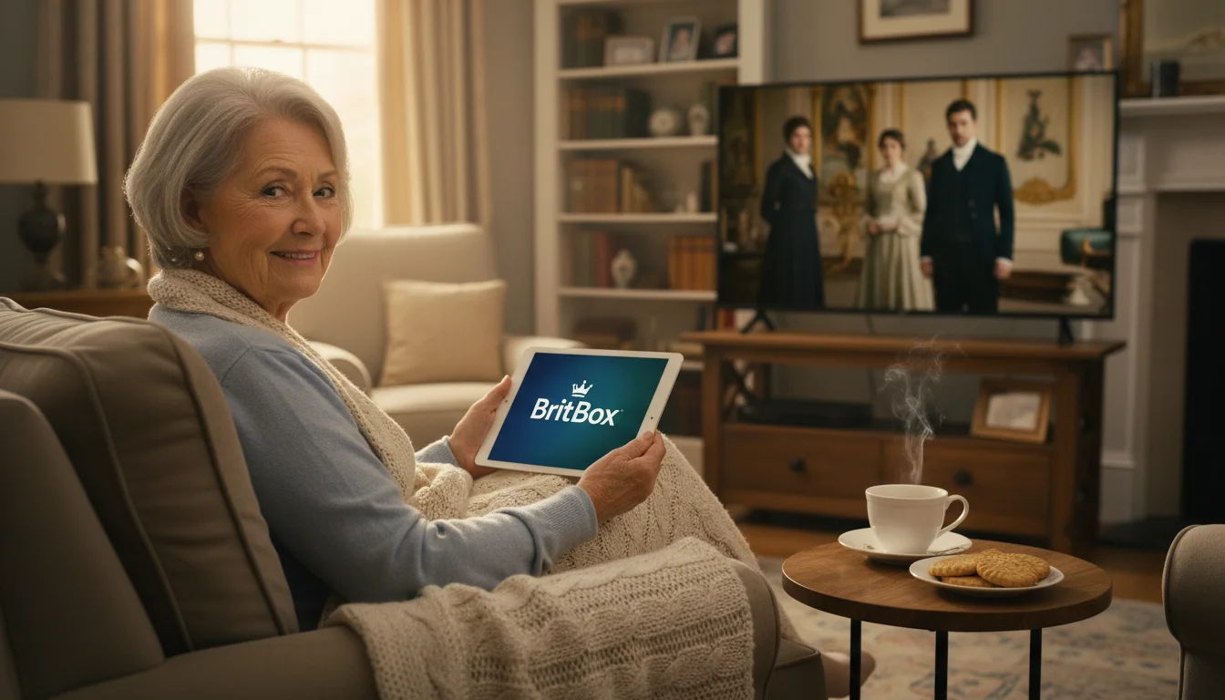 Senior woman in her 70s smiling contentedly, holding a tablet showing BritBox. A teacup sits nearby; a British drama plays on a TV.
