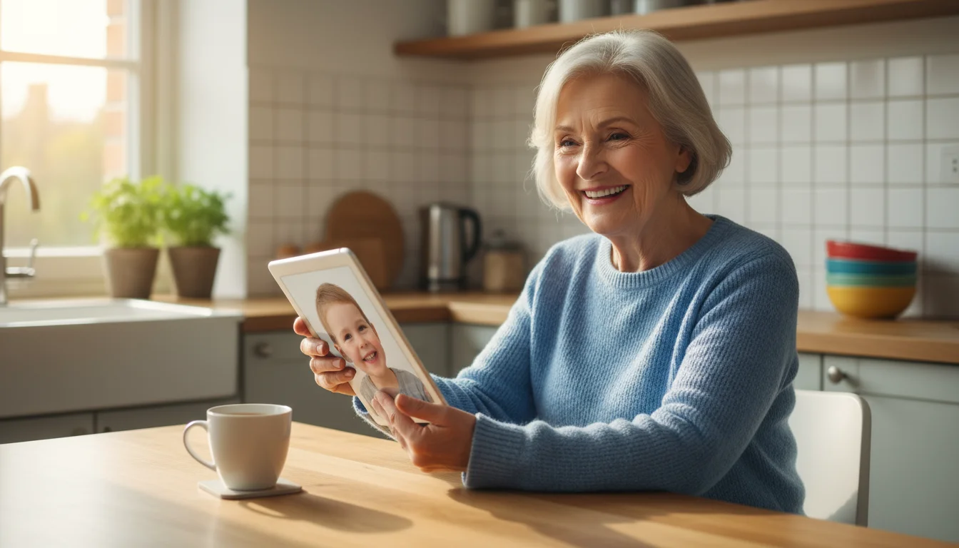 Senior woman in her 70s smiling while video calling a grandchild on an iPad at a bright kitchen table with coffee.