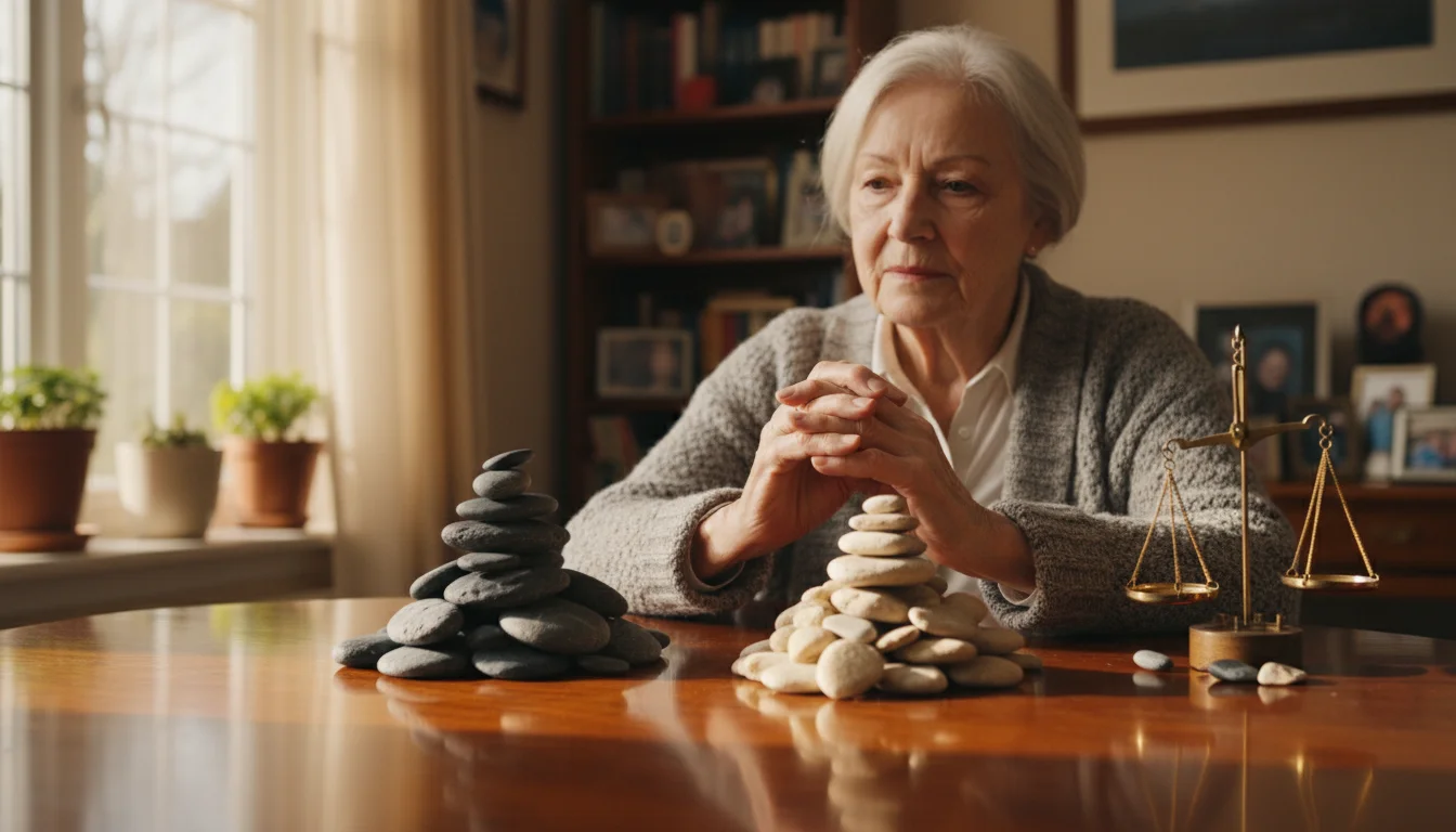 A senior woman in her 70s thoughtfully looks at two carefully arranged piles of polished stones on a wooden table.