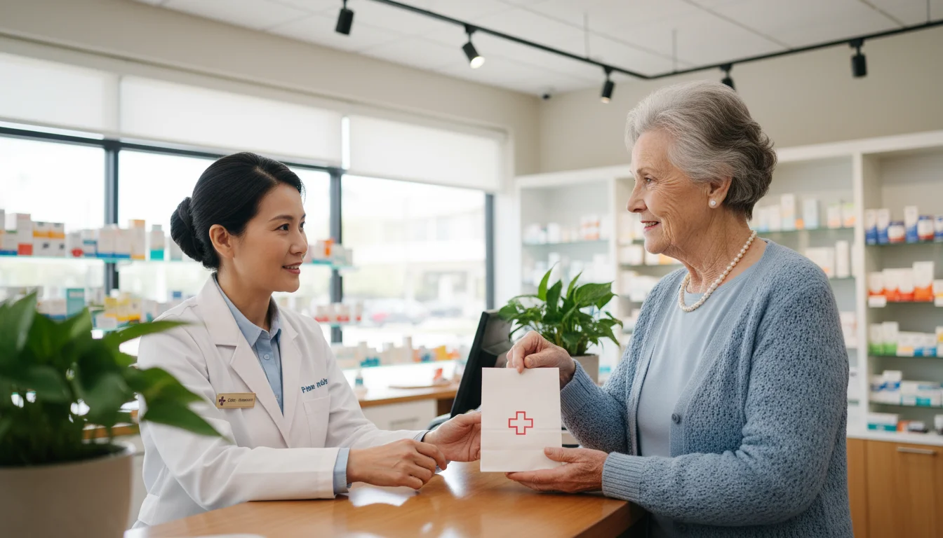 Senior woman holding a prescription bag, talking with a pharmacist behind a clean counter in a local pharmacy.