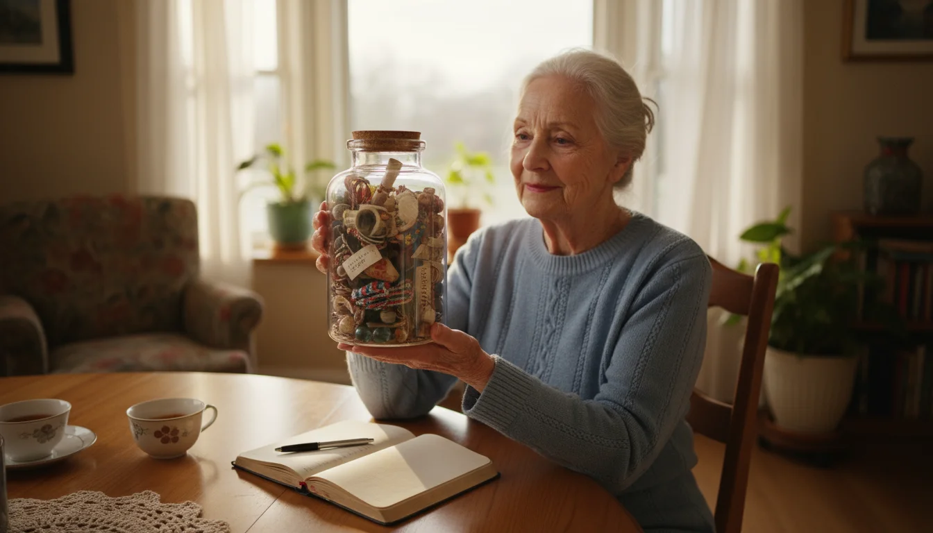 A senior woman holds a glass memory jar filled with mementos, showing it to a younger adult across a table. A scrapbook lies nearby.