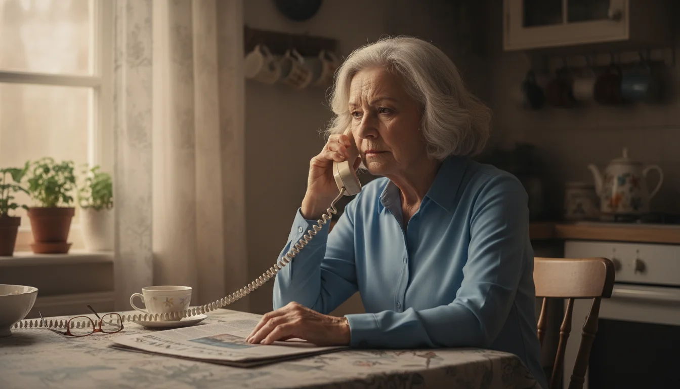 A senior woman holds a landline phone to her ear with a wary expression, seated at a kitchen table.