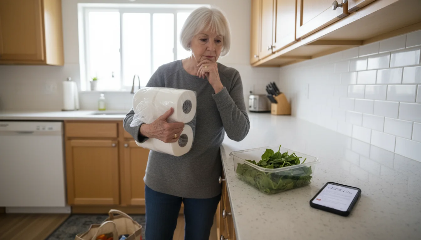 A senior woman holds a large toilet paper package, looking at wilted spinach in a container on her kitchen counter.