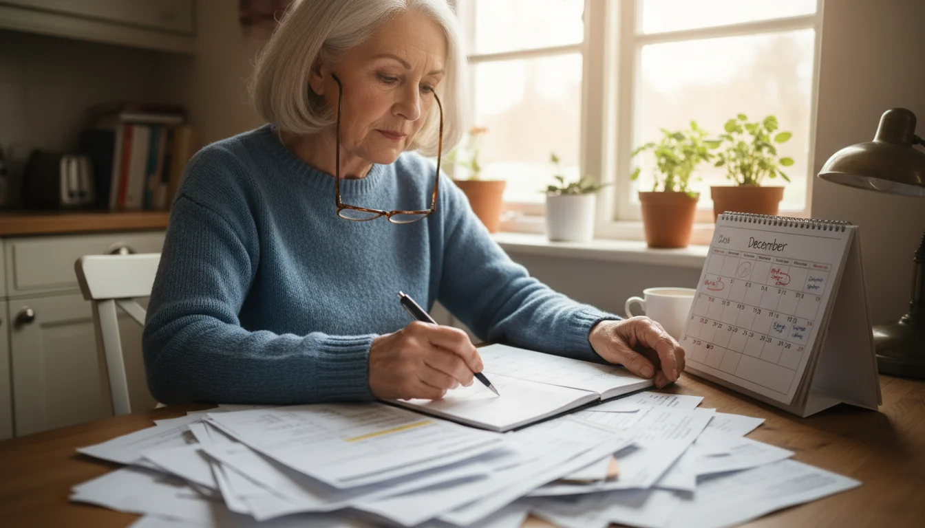 Senior woman intently reviewing financial statements and a December calendar at a kitchen table.