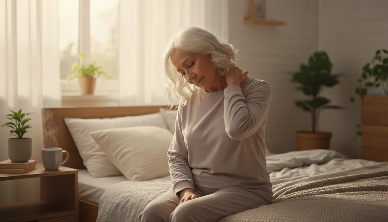 A senior woman with kind eyes sitting on the edge of her bed, gently lowering her chin towards her chest during a neck roll.