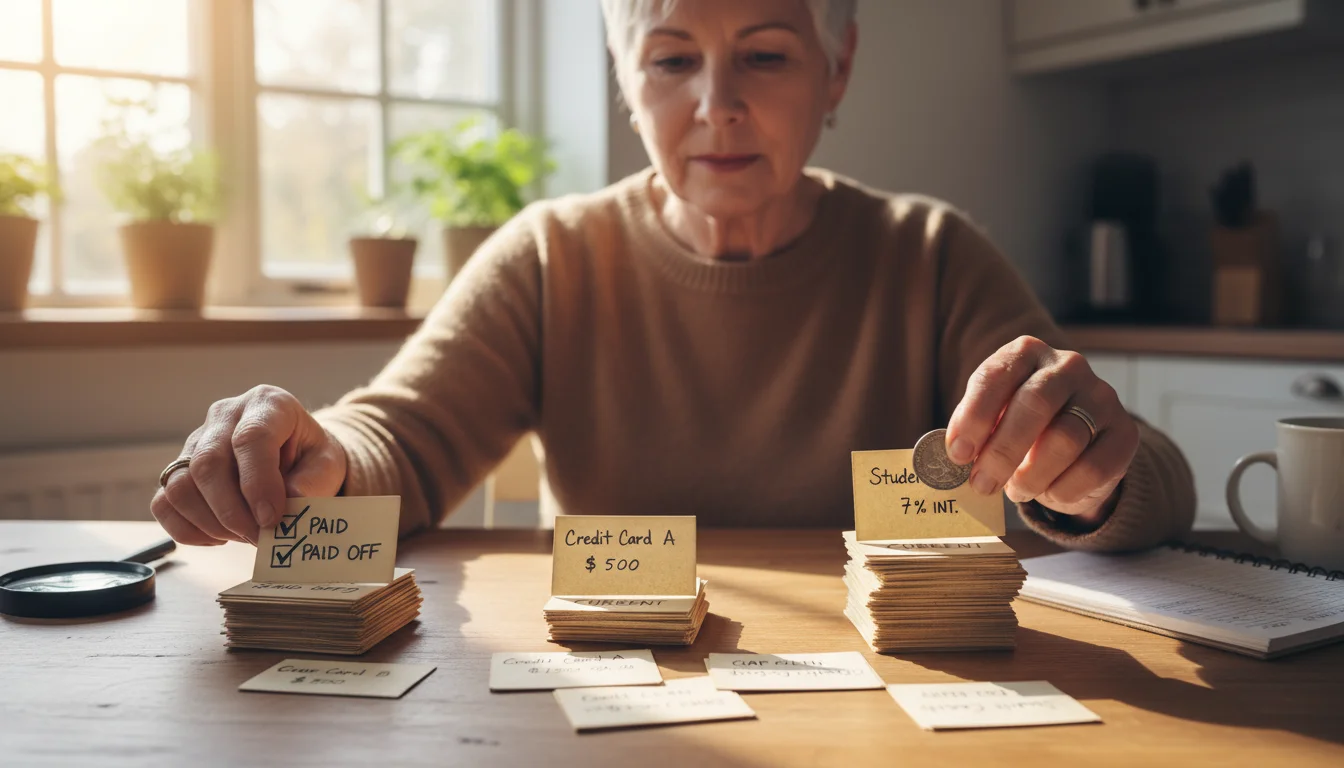 A senior woman at a kitchen table organizes handwritten debt cards. Her hand moves a marker from a paid card to the next stack.