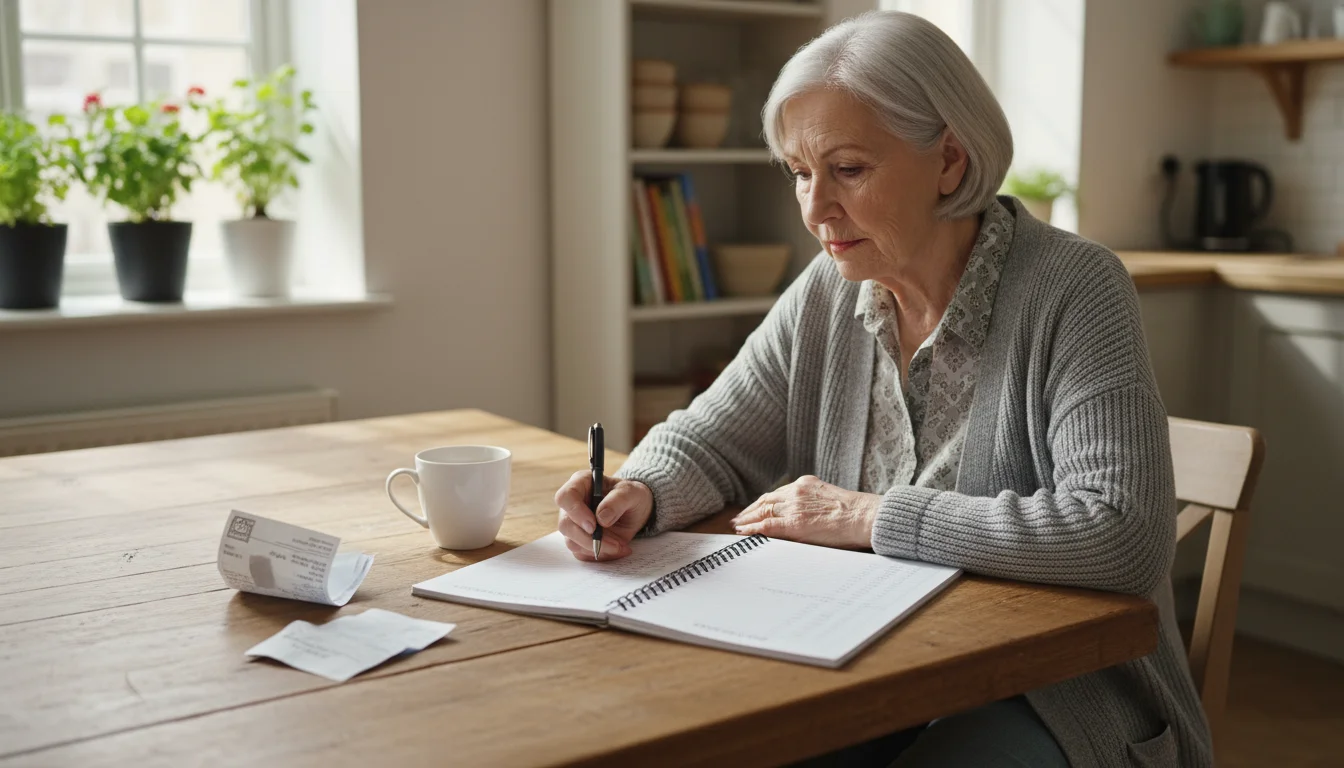 Senior woman, 70s, at a kitchen table, reviewing a handwritten budget in a spiral notebook. A cup of tea and bills are nearby.