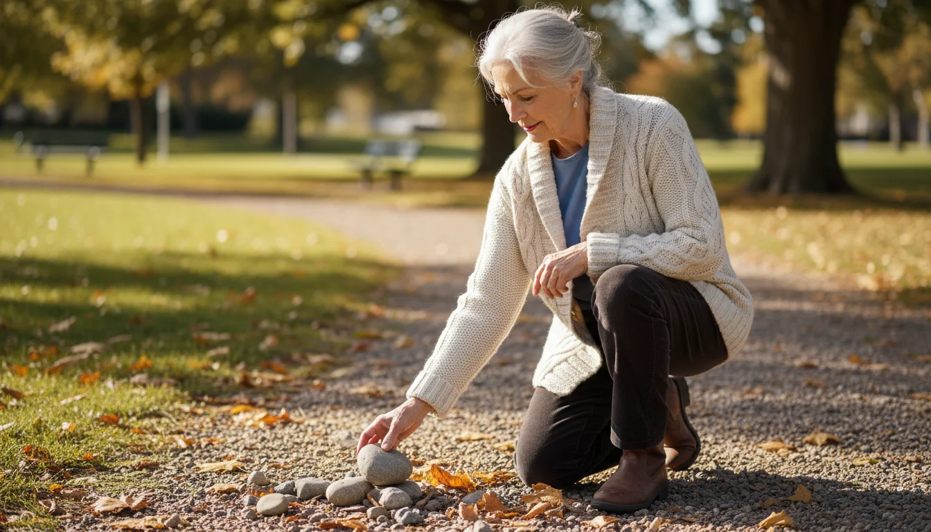 A senior woman kneeling on a park path, selecting a smooth, palm-sized rock from the ground.