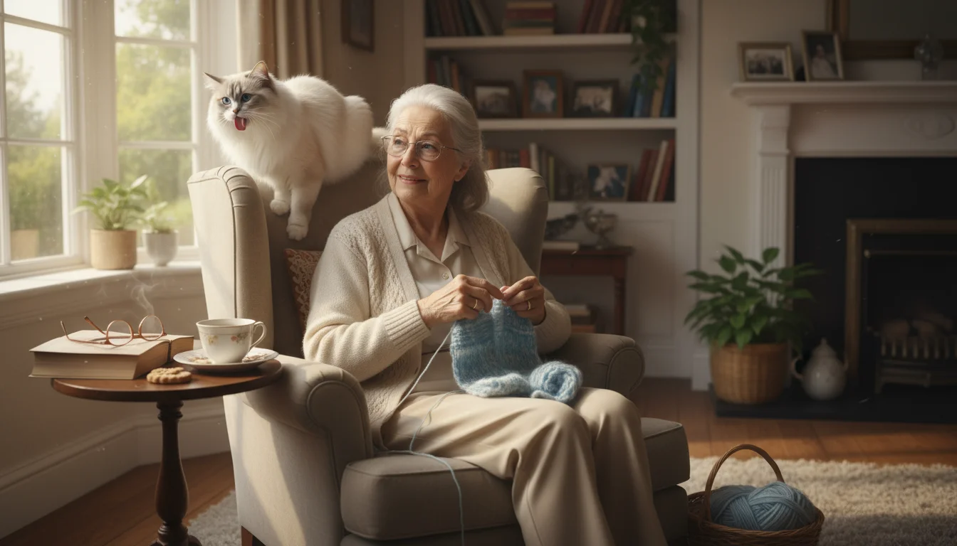Senior woman knitting in an armchair with a fluffy cat grooming itself on the chair's back. Sunlight streams into the cozy living room.