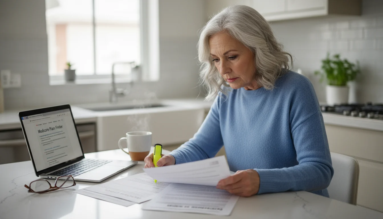 Senior woman (late 60s/early 70s) comparing Medicare plan documents at a bright kitchen island, focused expression.