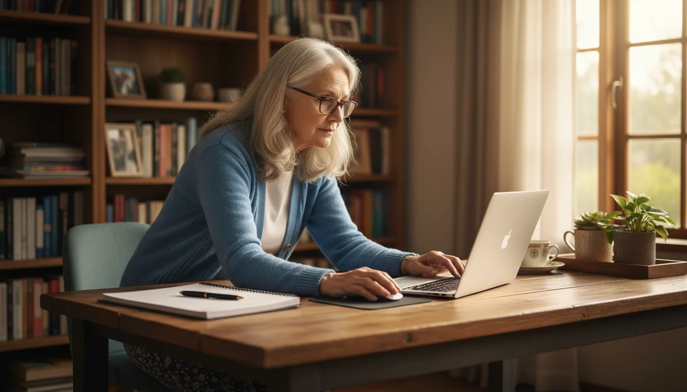 Senior woman, late 70s, focused on a laptop screen, actively researching at a wooden desk in a home office.
