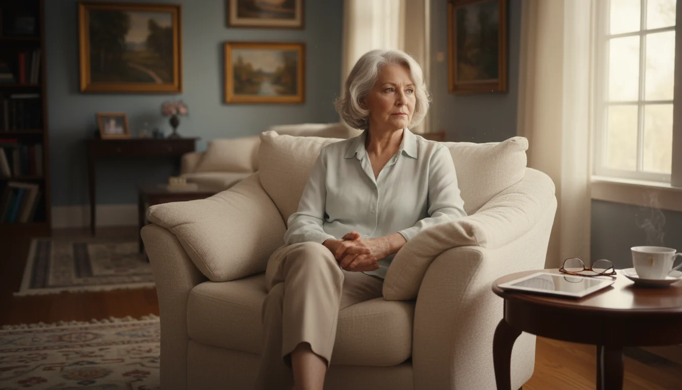 A senior woman, late 60s, seated comfortably in an armchair, looking away from a tablet and out a window.