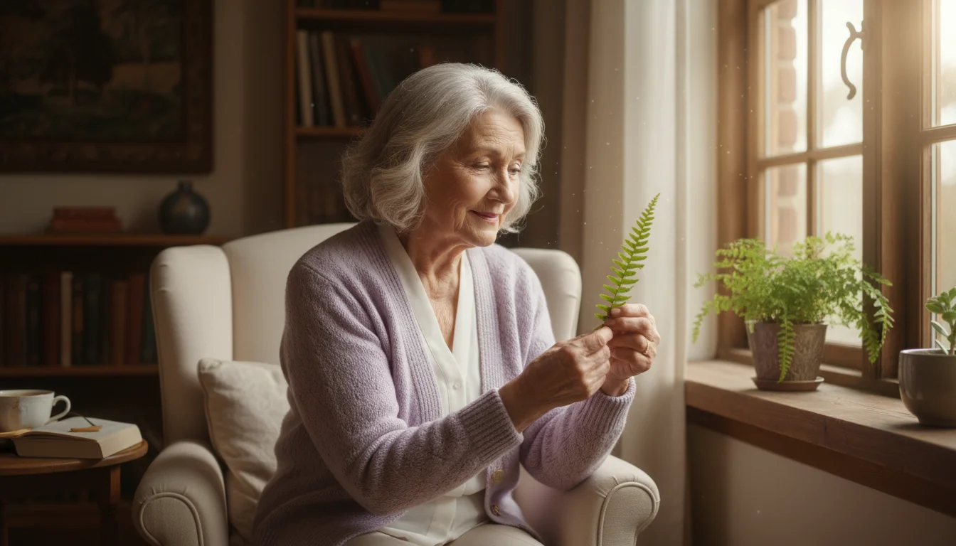 A senior woman, late 70s, sits thoughtfully in an armchair by a sunlit window, observing a small detail on the sill with a gentle smile.