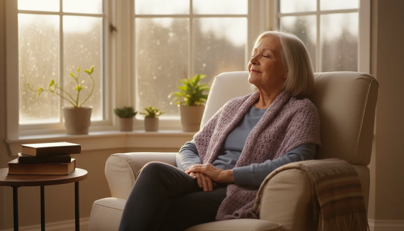 Senior woman, late 70s, sitting in an armchair by a window with closed eyes and a peaceful smile in soft morning light.