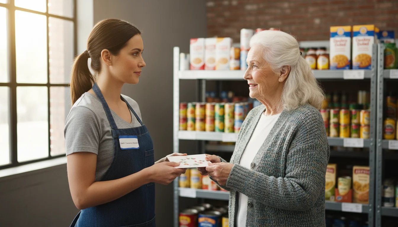 Authentic senior woman, late 70s, smiling, hands a small card to a younger female staff member at a community food bank.