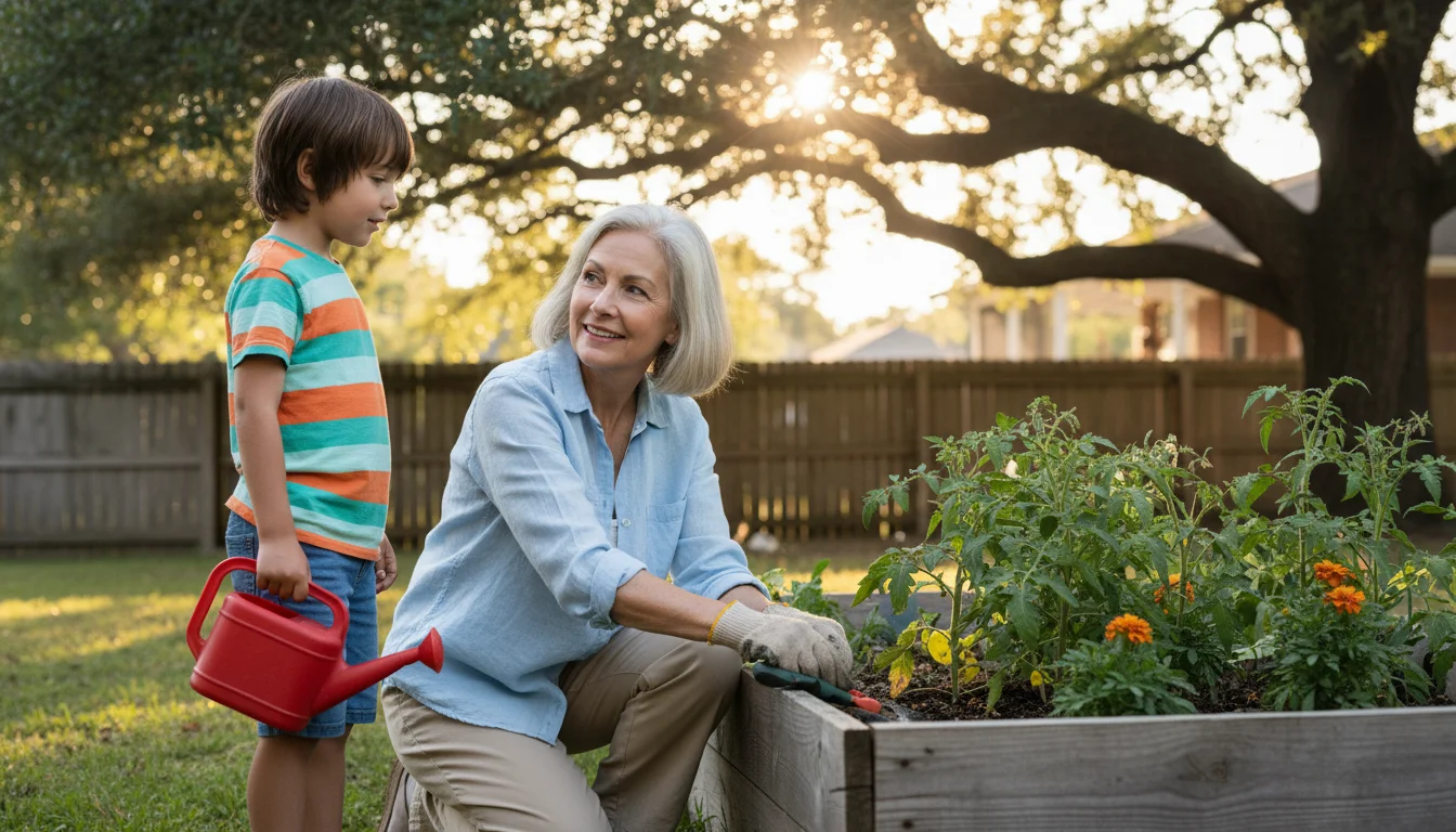 A senior woman in a light blue shirt smiles at a child in a community garden, kneeling by a raised bed with a seedling.