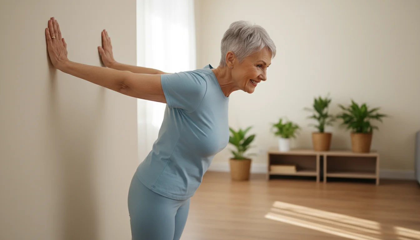 Senior woman in a light blue top doing a wall push-up against a cream wall, demonstrating good form and focus.