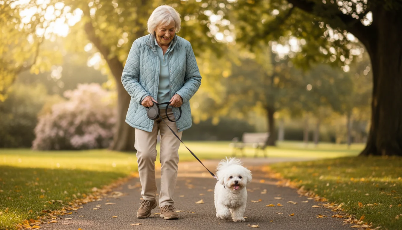Senior woman in a light jacket walking a small, fluffy white Bichon Frise on a leash in a sunlit park, smiling warmly at the dog.