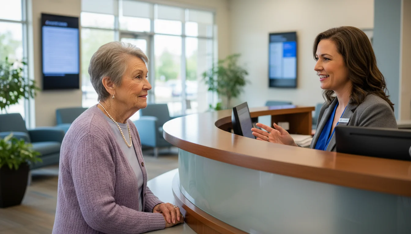 A senior woman listens attentively to a credit union employee at a counter in a bright, modern branch.