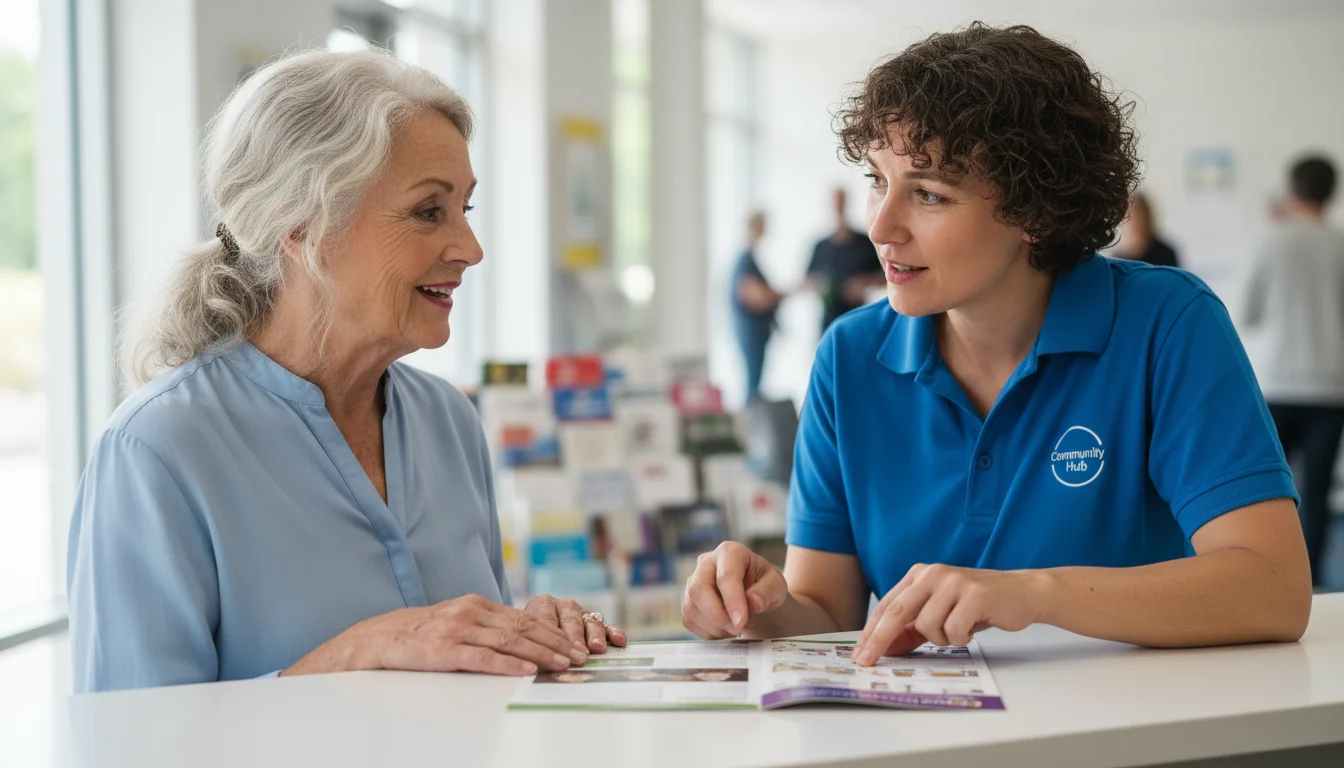 A senior woman listens attentively to a staff member pointing to a brochure at an information counter.