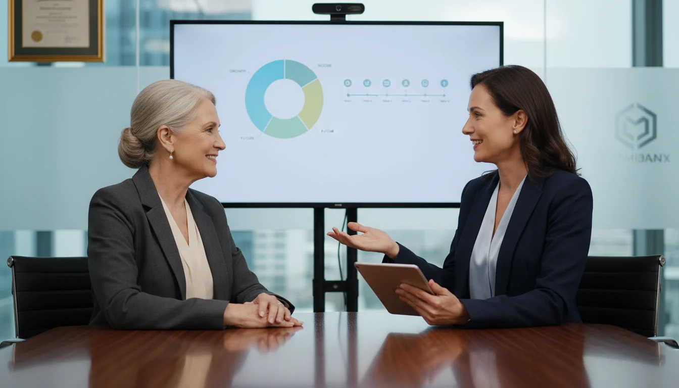 A senior woman listens intently as a financial advisor gestures to a tablet displaying a financial chart during a one-on-one consultation in a bright 