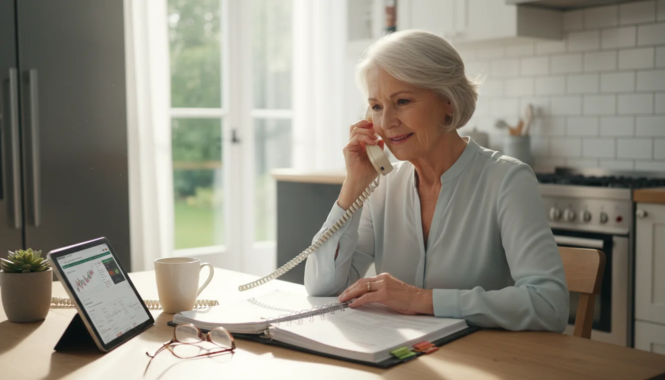 A senior woman listens intently on a landline phone at her kitchen table, with a tablet displaying research and a binder nearby.