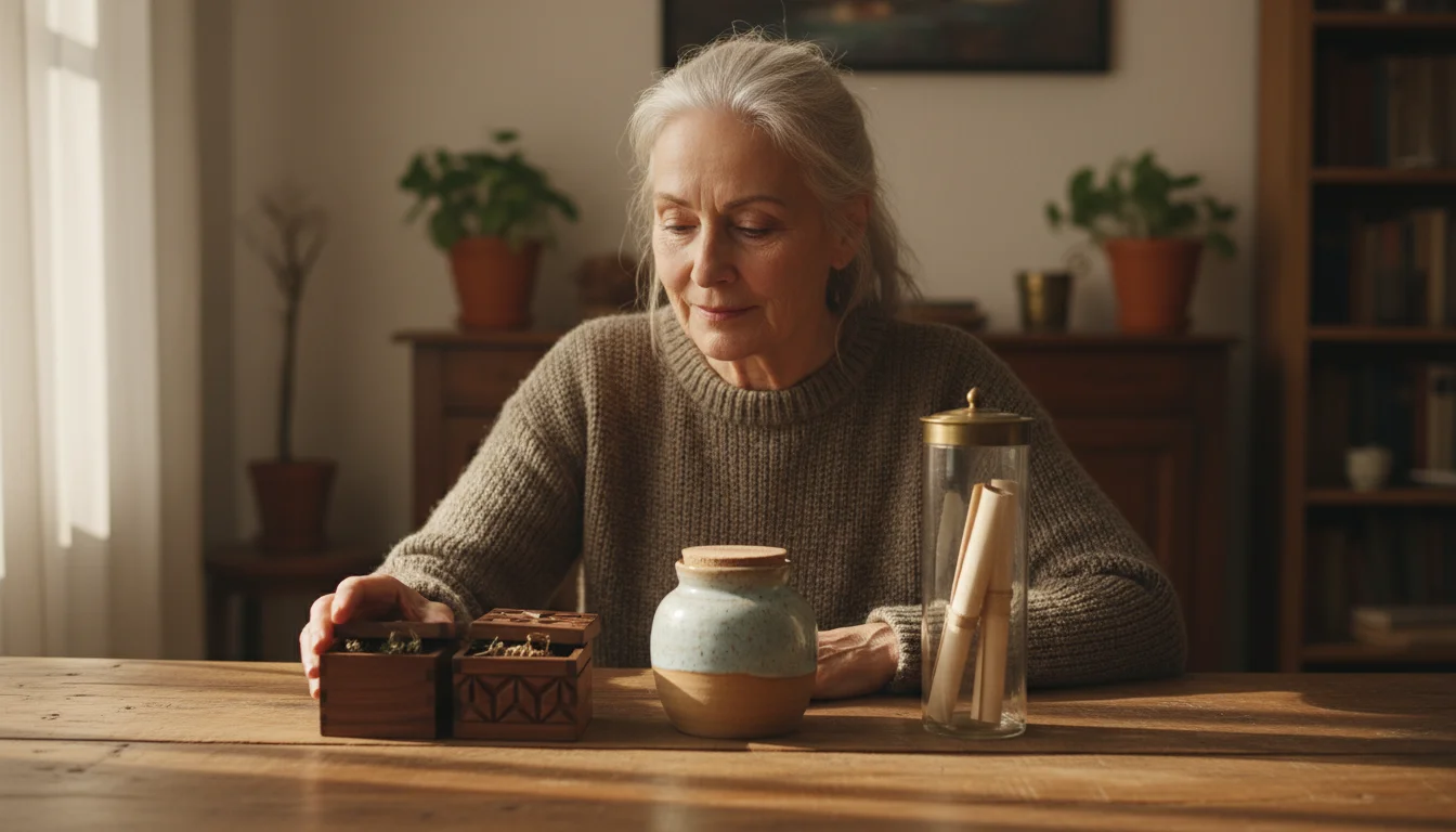 A senior woman looks calmly at three distinct, organized containers on a table, one open with money, symbolizing a financial bucket strategy.