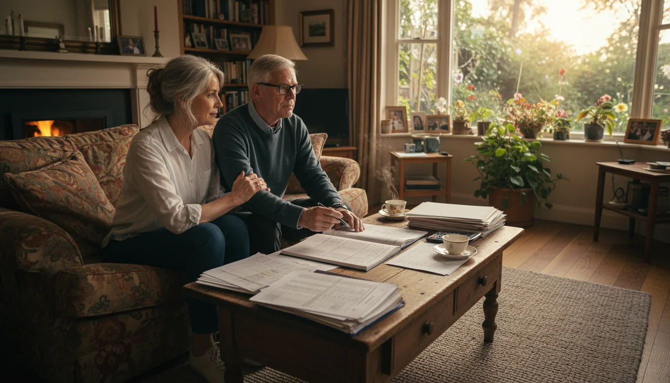 A senior woman looks out a sunlit living room window, her hand on her husband's arm as he sits pensive, holding a pen over financial papers.