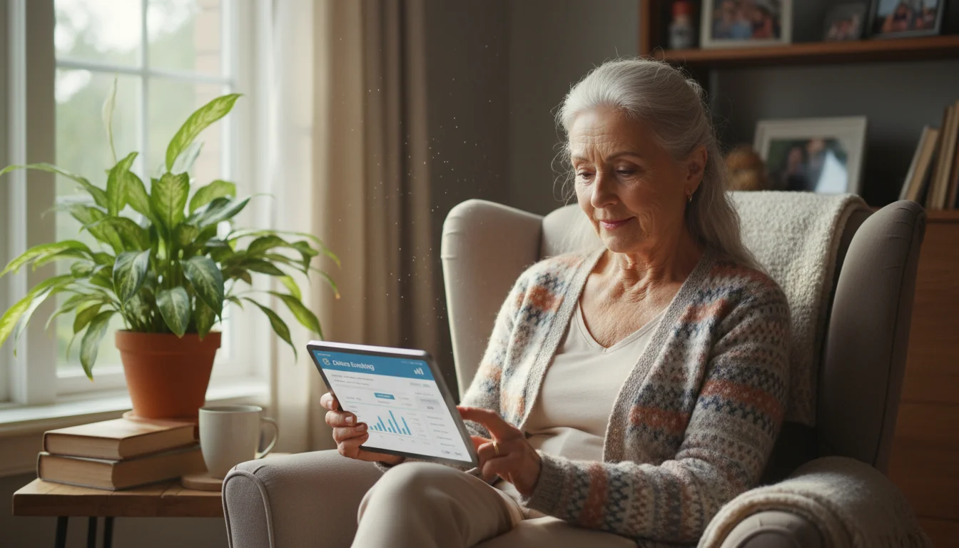 Senior woman, mid-70s, in a cozy sunlit nook, calmly viewing her banking app on a tablet.