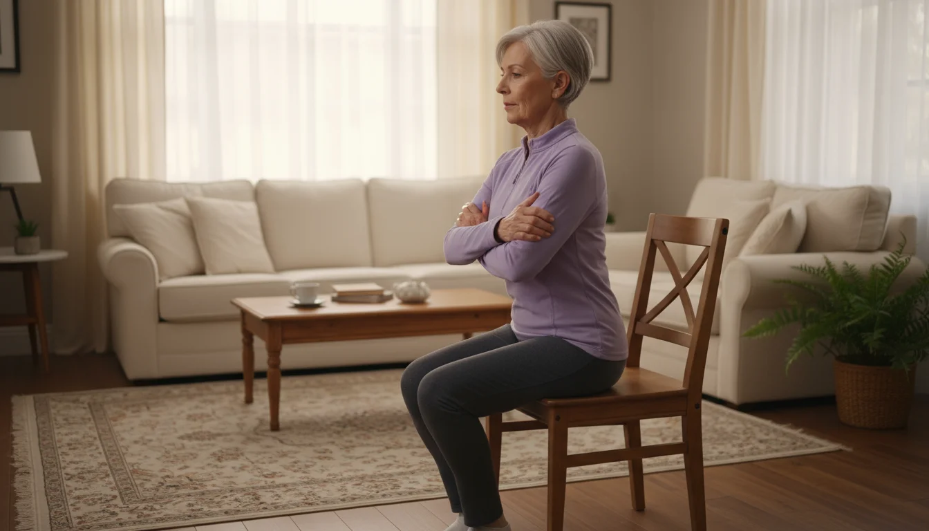 Senior woman, mid-70s, demonstrating a chair stand exercise, rising from a wooden chair in a home living room.