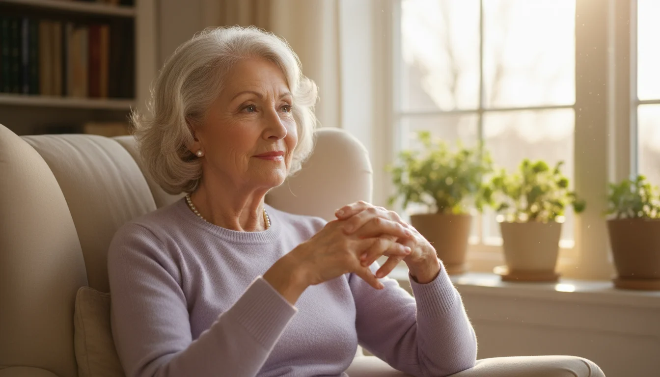 Senior woman, mid-70s, with silver hair, sitting by a window, gazing gently with a serene expression, hands resting in her lap.