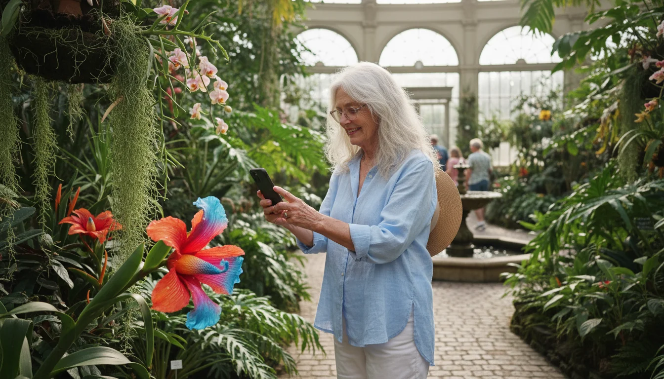 A senior woman, mid-70s, with silver hair, uses her smartphone to photograph a vibrant, large-petaled tropical flower in a brightly lit botanical gard