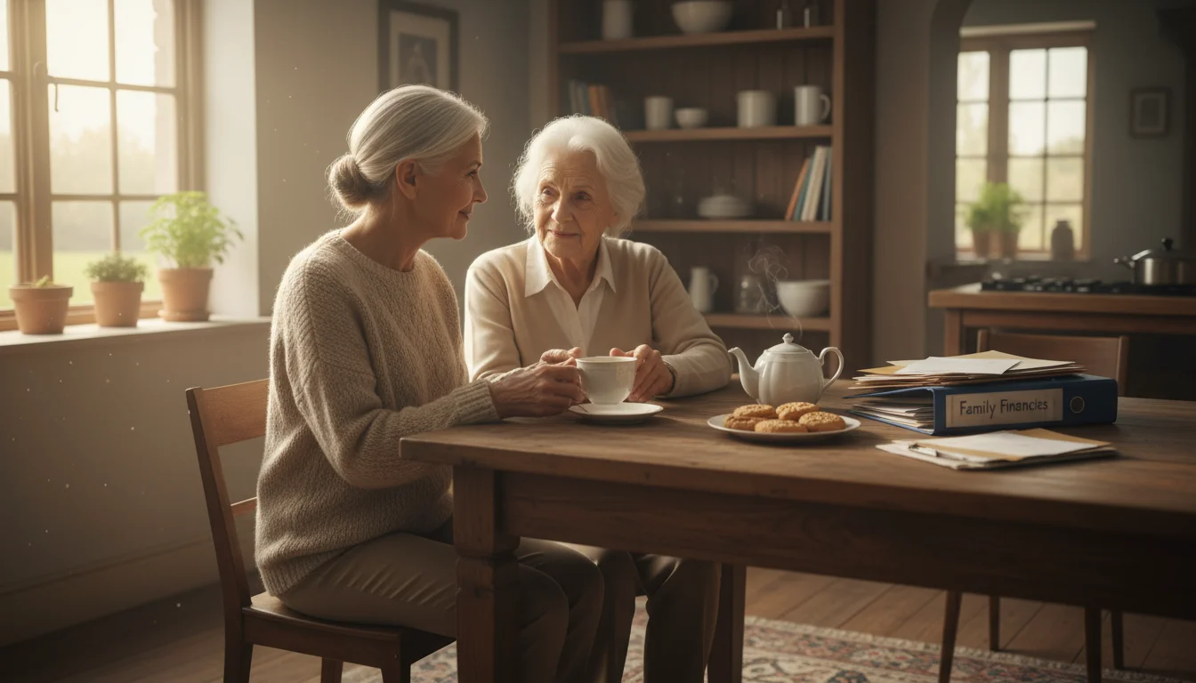 A senior woman offers tea to her elderly mother at a kitchen table, with a 'Family Finances' binder subtly visible on the counter.