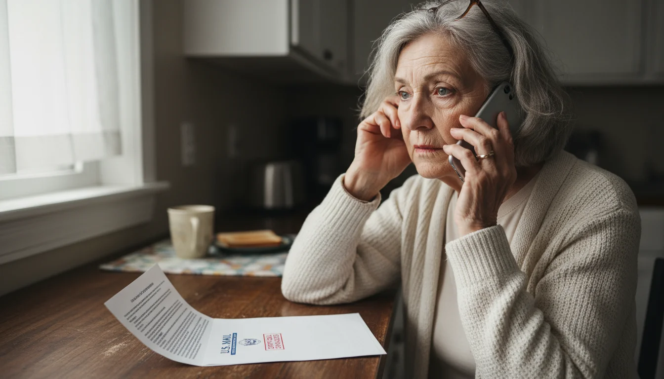 A senior woman on the phone, looking concerned, with an open official-looking envelope and document on a wooden counter beside her.