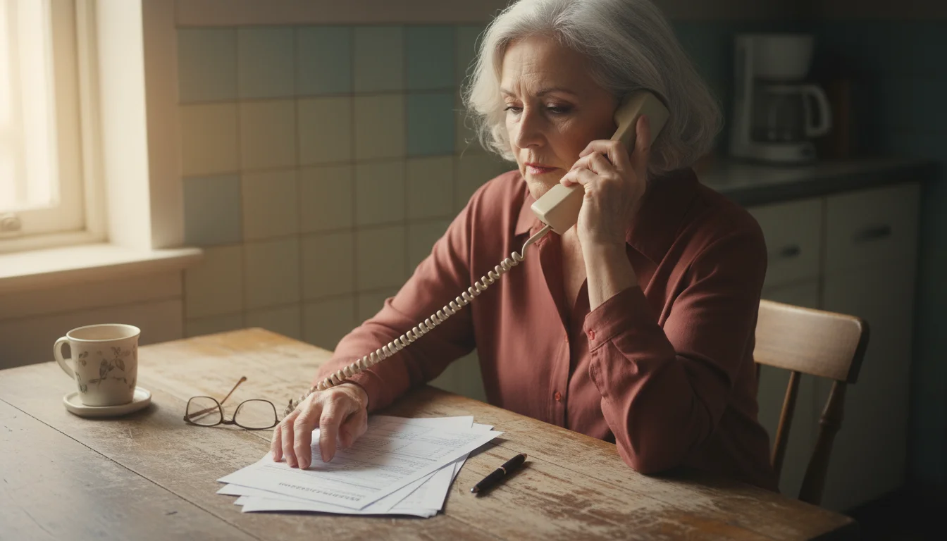 A senior woman on the phone, looking at a credit card statement and a utility bill on her kitchen table.