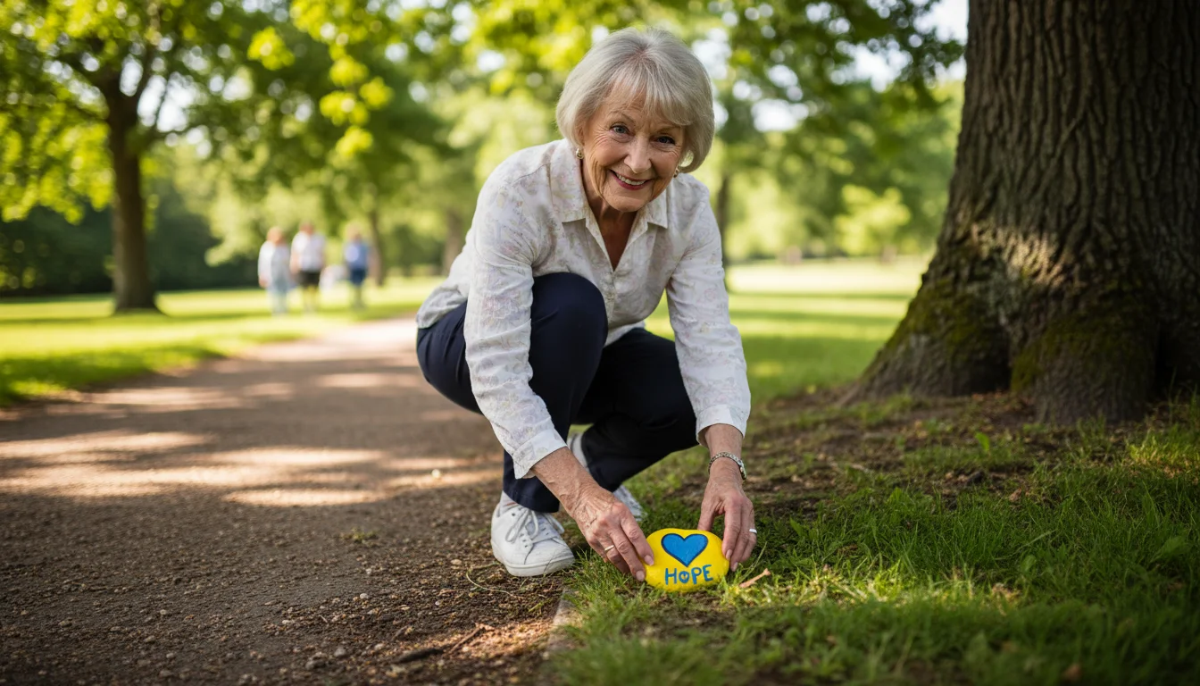 Senior woman gently places a bright yellow kindness rock with a blue heart on the ground next to a park path.