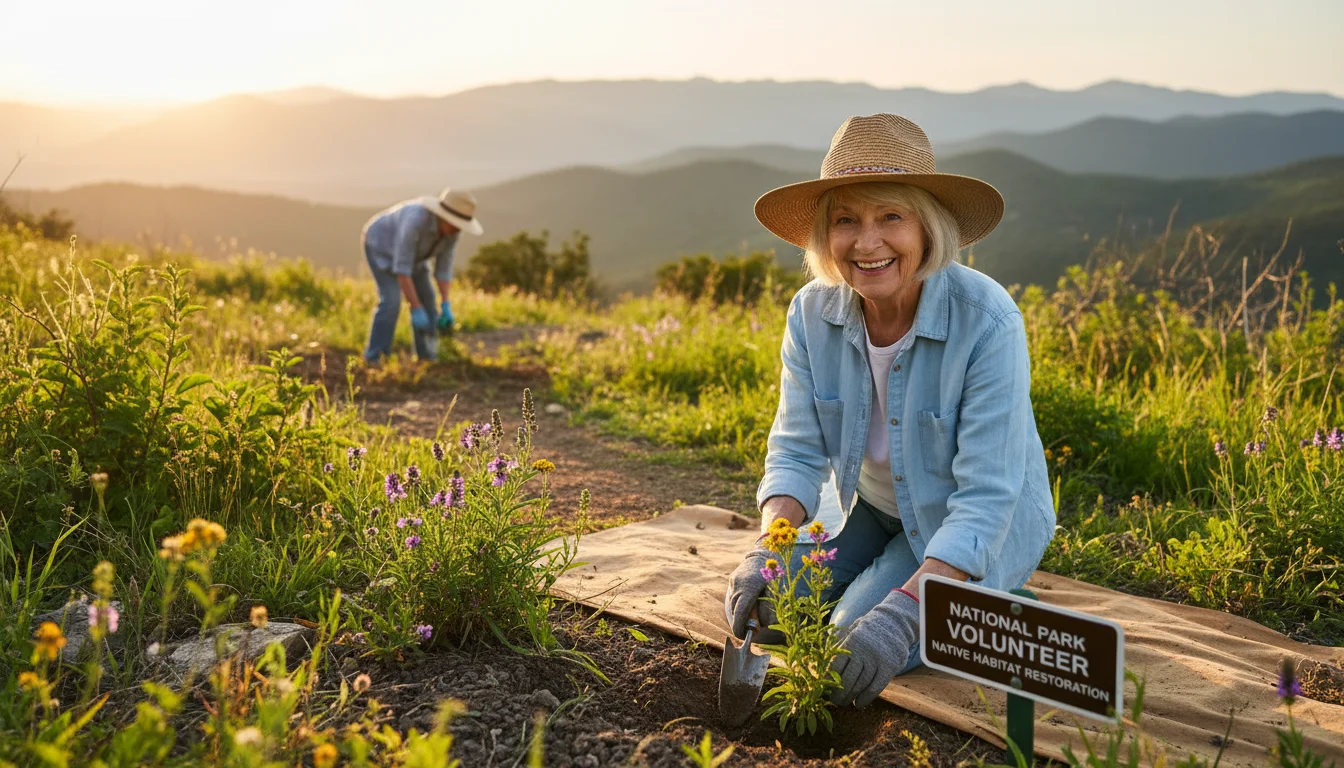 Senior woman planting wildflowers by a trail in a sunny national park, another senior volunteering nearby.