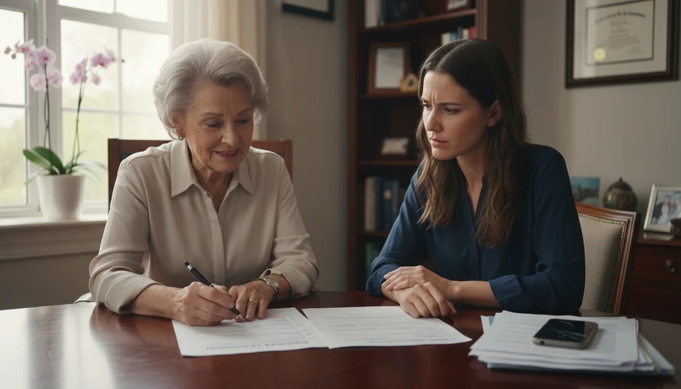 A senior woman points to medical documents on a desk while explaining to a younger woman, both seated at a table.