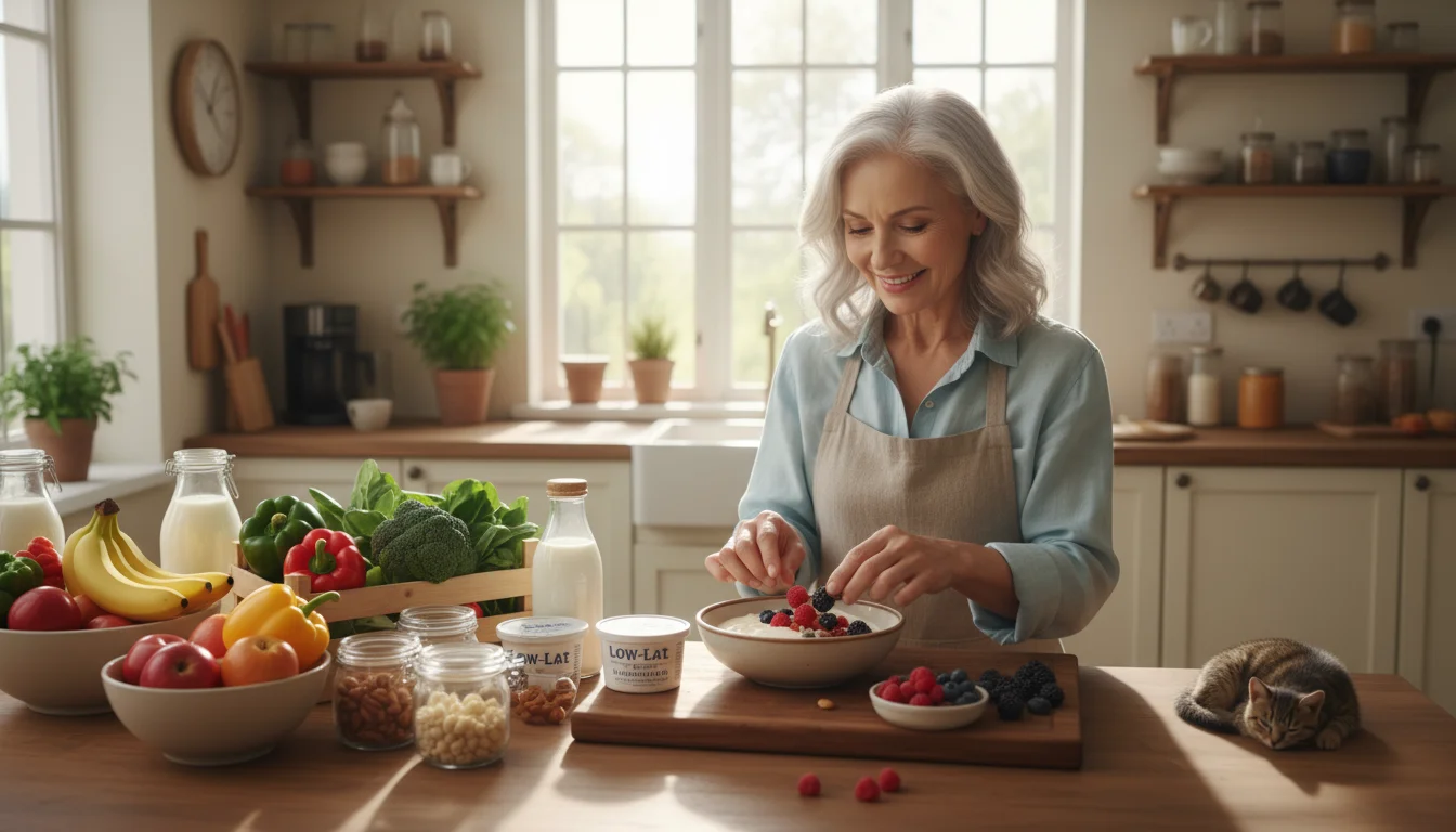 Senior woman preparing a heart-healthy breakfast with fresh berries, yogurt, granola, and colorful produce in a sunlit kitchen.
